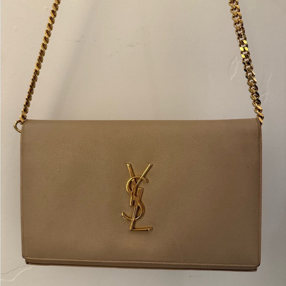 Yves Saint Laurent Beige Leather Shoulder Bag with Gold Chain